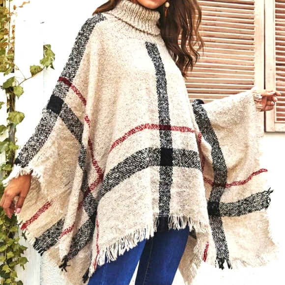 🌟🎉HOST PICK!🎉🌟Plaid Brit look Fringe Hem Cowl neck Poncho - Picture 3 of 8